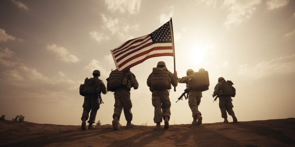 military soldiers carrying an American flag