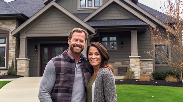 A happy Husband and wife stands smiling in front of a large house. new house concept creating a family. 